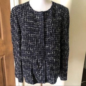 Lafayette 148 Tweed Blazer Boxy Cropped Wool Cotton Academia Navy 12 Lined